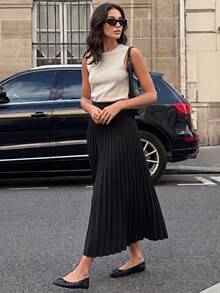 Firerie Falda plisada de unicolor para uso diario negro verano para mujer - Negro - Ver 2