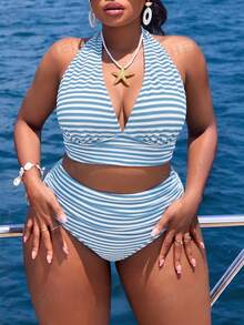 Slaydiva Plus Size 2-Piece Minimalist Casual Summer Women's Halter Neck Separated Fashion Vacation Beach Swimsuit Set - Multicolor - View 1