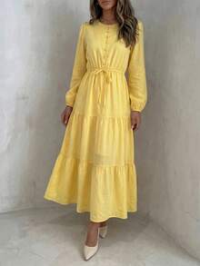 Yasmyna Women's Solid Color Long Sleeve Round Neck Bow Knot Button Arabian Dress Going Out - Yellow - View 1