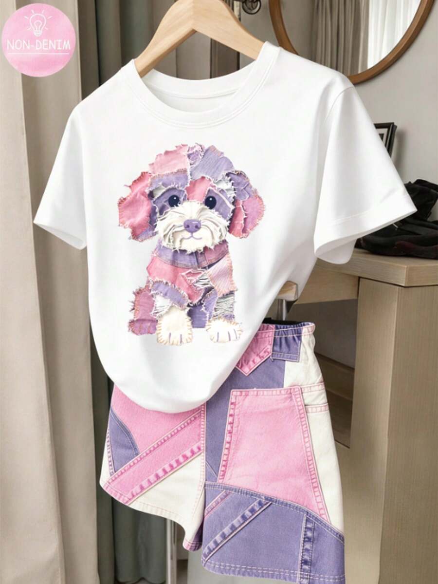 Ensemble T-shirt à manches courtes et short patchwork blocs de couleurs avec imprimé chiot, décontracté d'été pour jeune fille - Multicolore - Voir 1