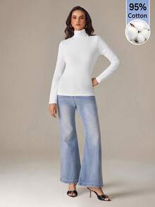 SHEIN Tall 簡約純色修身高領白色上衣，適合秋冬，黑+白2件組，棉混紡舒適，適合度假、日常穿著，適合春夏，適合高個女性 - 彩色 - 查看 6