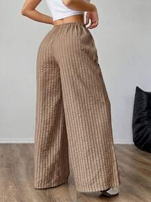 SHEIN PETITE CURVE 大尺碼女款紋理條紋繫帶寬鬆長褲 - 棕色 - 查看 2