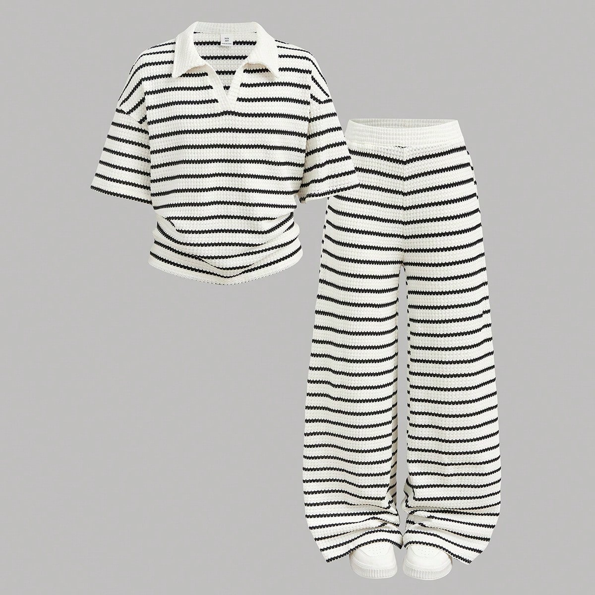 Conjunto de 2 piezas para niña preadolescente, camiseta de manga larga con cuello en V, hombros caídos y rayas, y pantalones a rayas con cintura el?