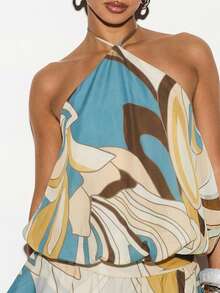 KIZN Halter Neck Abstract Print Mini Dress With Ruffled Hem For Summer Party - Brown - View 3