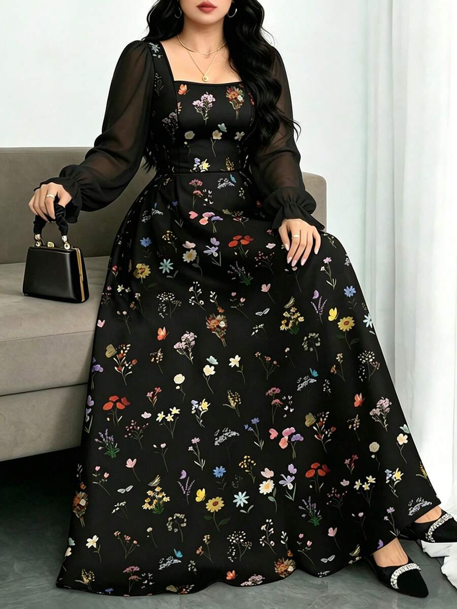Modelyn 大尺碼花卉植物印花洋裝,法式時尚方領燈籠長袖設計女款花卉長洋裝,夏季收腰長款優雅洋裝,適合夏季度假、日常穿著,花卉圖案黑色洋裝 - 彩色 - 查看 1