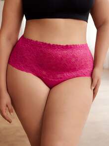 Slumbrini Culottes en dentelle pour grandes tailles, taille haute de contrôle du ventre à motif floral ajouré, sexy et respirant - Rose vif - View 6