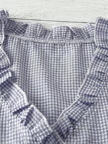 Linhara Kemeja Kasual Lengan Pendek Leher V Warna Polos Bertekstur Ukuran Plus Wanita, Atasan untuk Acara Liburan. - Dusty Blue - View 4