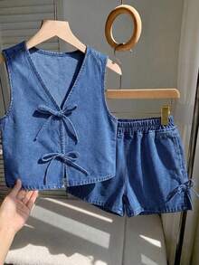 SHEIN Girls' Blue Denim Sleeveless Vest And Loose Shorts 2-Piece Set - Medium Wash - View 1