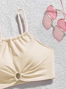 SHEIN Set Baju Renang Remaja Perempuan Minimalis Modis Warna Polos Manis dengan Konektor Cincin - Krem - View 3