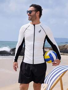 DAZY Men's Patchwork Color Block Letter Print Zipper Front Rash Guard Swimwear Vacation Summer - Multicolor - View 4