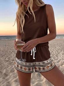 SHEIN LUNE Casual Boho Women's Round Neck Tank Top And Shorts 2 Pieces Set Suitable For Summer Vacation Dark Brown - Brown - View 4