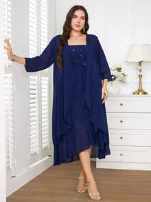 Reflora Conjunto de 2 piezas para mujer talla grande con bata exterior de unicolor de manga 3/4 y vestido camisola elegante plisado decorado con strass - Azul Marino - Ver 7