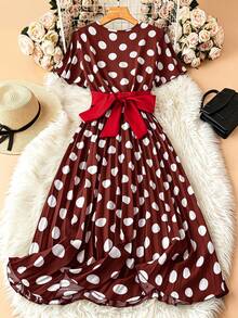 SHEIN Franclia Women's Polka Dot Pattern Short Sleeve Waist Cross Design Elegant Dress Summer Dresses For Women Summer Summer Dresses For Women Summer Dresse - Coffee - View 2