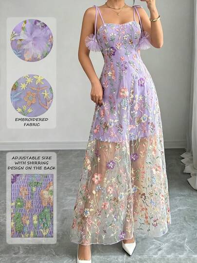 SHEIN Raffinéa 女款時尚優雅刺繡花卉細肩帶長洋裝，附3D花朵繫帶