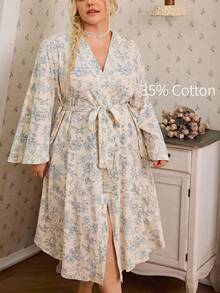 CottageSlumber Floral Print Crepe Long Sleeve Plus Size Nightgown - Apricot - View 1