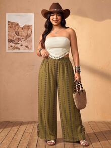 Enliva Plus Size Loose Printed Vintage Bohemian Style Vacation Wide-Leg Pants With Pockets And Elastic Waistband - Green - View 9