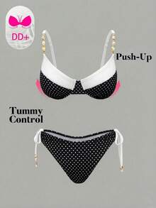 Voyashape Swim DD+ 女款泳衣，海灘波點拼接泳衣，比基尼三角泳褲，珠飾鏈條飾邊裝飾，適合海灘、休閒度假、游泳池、派對場合 - 彩色 - 查看 3