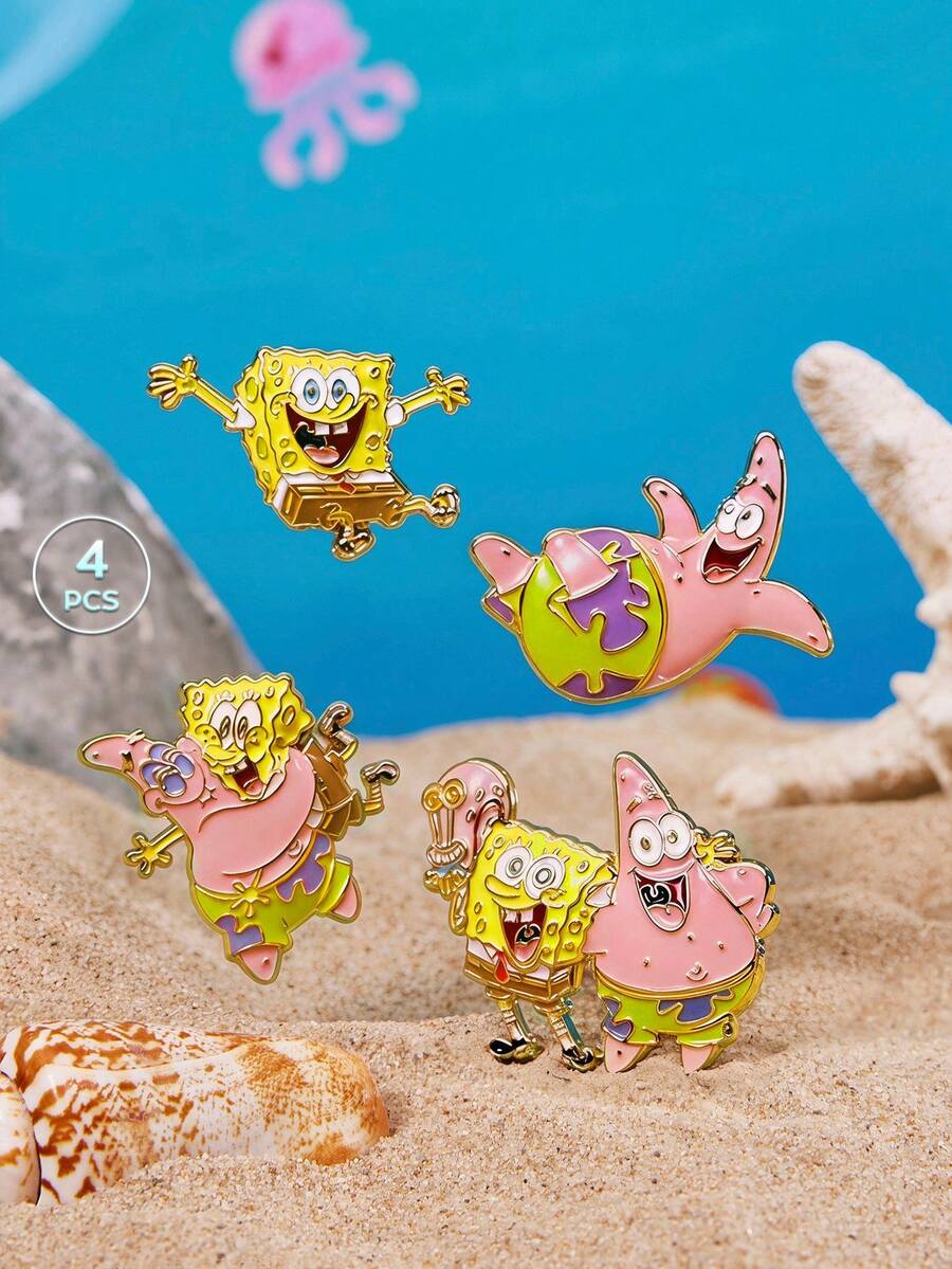 SpongeBob SquarePants | SHEIN 4件組時尚可愛卡通鋅合金胸針別針組，包包吊飾，適合作為禮物、收藏品、紀念品 - 彩色 - 查看 1