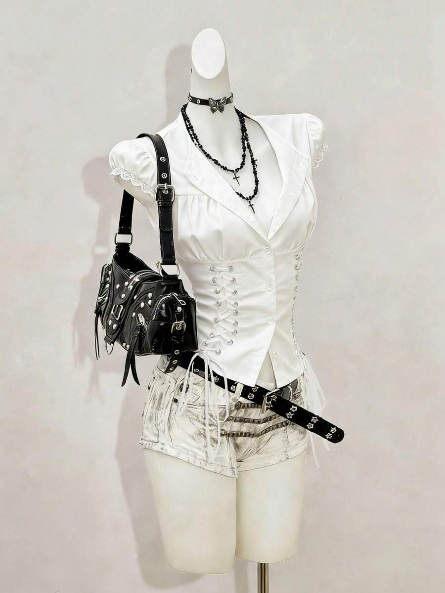 Jeanoix Women's Streetwear Sexy Y2k Goth Slim Fit Strap Design Shirt Club Night Out White Summer - White - View 1