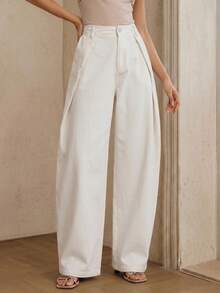 Anewsta Essential Spring New Khaki Washed Wide Leg Pants, Fashionable Minimalist Commuter Loose Slimming Curved Leg Jeans For Women - White - View 3