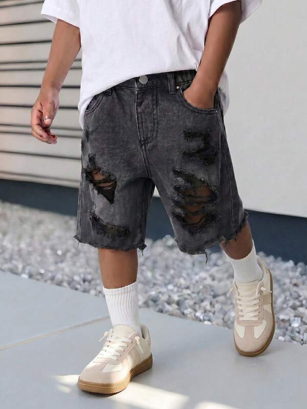 SHEIN Young BoySummer New Denim Shorts, Fashion Street Style, Distressed Vintage Details, Elastic Waist Design For Comfort And Stylish Fit, Versatile For Daily Wear And Vacation, Young BoyDenim Shorts For Summer