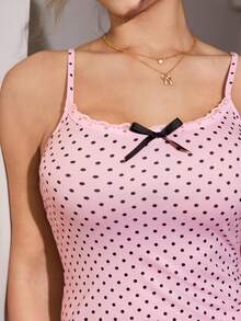 Lowkey Lull Cami Shorts  Lounge Set, Solid Color Minimalist Cute, Comfortable Simple Chic Casual Slumber Women's Pajama Set Pink And Black Polka Dot - Pink - View 6