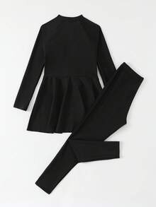 SHEIN 青少年女孩坦基尼比基尼套裝，紫色針織面料，長袖拉鍊上衣，長褲，裙式兩件套，保守時尚休閒優雅女士風格，適合游泳、夏季度假、海灘、海邊、泳池、夏季假期派對 - 黑色 - 查看 2