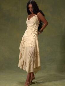 MUSERA Cream Mesh Cowl Hanky Hem Asymmetric Drape Midi Dress - Multicolor - View 3