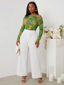 SHEIN SXY Bodysuit Ukuran Plus Motif Tie-Dye dengan Kerah Asimetris - Hijau - View 3