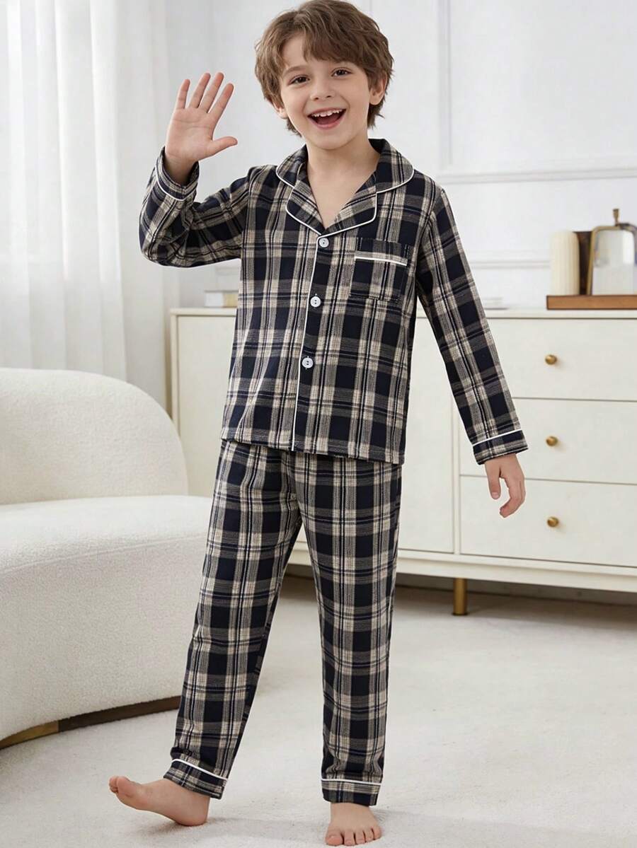 两件套复古格纹针织开衫和裤子套装,休闲舒适的青少年男童家居服 - 彩色 - 查看 1