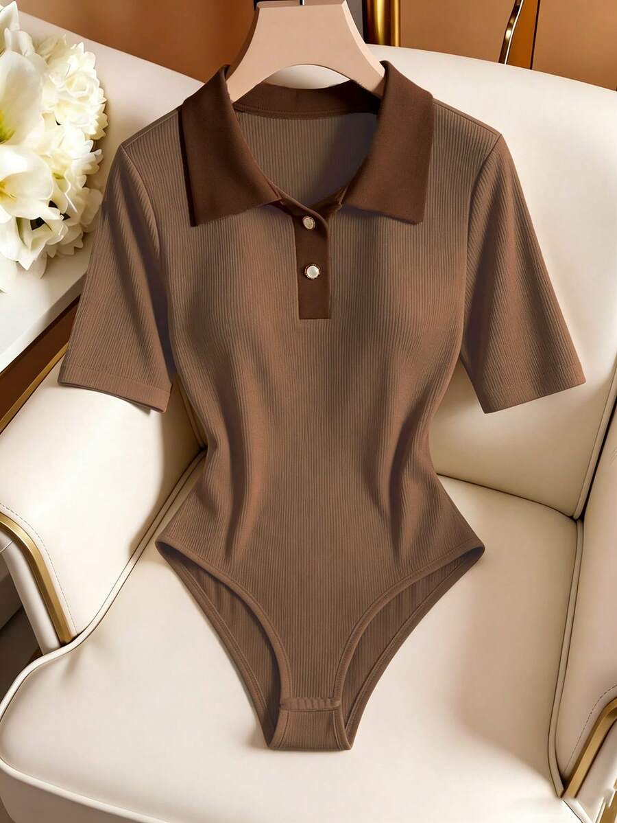 SHEIN Franclia 休闲连体衣、优雅连体衣、夏季连体衣、沙滩连体衣、度假连体衣、翻领短袖毕业连体衣 - 咖啡棕 - 查看 1