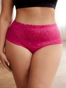 Slumbrini Culottes en dentelle pour grandes tailles, taille haute de contrôle du ventre à motif floral ajouré, sexy et respirant - Rose vif - View 7