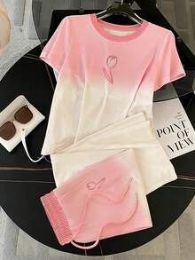 Resyla Regular Fit Crew Neck Short Sleeve T-Shirt + Straight Leg Pants With Slant Pockets - Pink - View 3