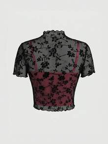 SHEIN MOD 大尺碼天鵝絨網眼立領T恤，適合冬季 - 酒紅色 - 查看 2