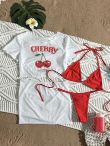 Swim SXY Slayr-D 4件組女款春夏對比色字母印花巴西比基尼套裝，短袖罩衫裙，海灘派對，紅白色性感 - 彩色 - 查看 2