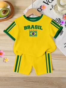 SHEIN 2件組青少年女孩活力陽光黃、金色星芒、黃金海岸、復古時尚綠色BRAZIL字母印花、對比領口、年輕女孩休閒極簡短袖修身圓領T恤搭配緊身短褲，適合春夏季日常穿著 - 彩色 - 查看 3