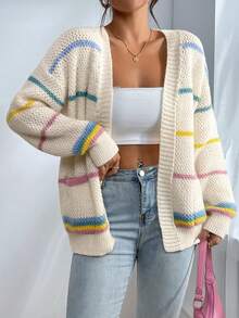 SHEIN Áo khoác cardigan trễ vai họa tiết sọc nhiều màu, áo dài tay - Nhiều màu - Xem 4