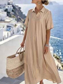 Isle Nomé Women's Casual Modest Vacation Loose Faux Linen V-Neck Pleated Bohemian Style Short Sleeve Dress For Spring And Summer Light Beige - Khaki - View 1