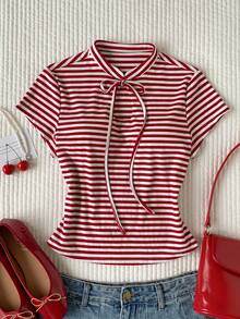Comfortcana Camiseta de manga corta a rayas casual de verano para mujer - Rojo y blanco - Ver 1