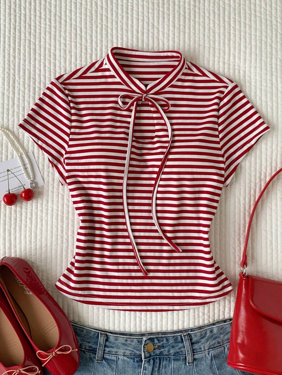 Comfortcana Camiseta de manga corta a rayas casual de verano para mujer - Rojo y blanco - Ver 1