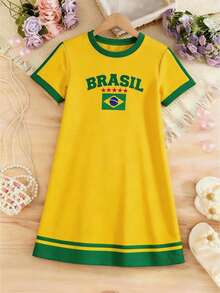 女童洋裝，鮮豔陽光黃，黃金海岸，復古時尚綠配 BRAZIL 字樣，對比領口，適合春夏季日常穿著、活動、世界盃賽事、度假，輕鬆舒適，時尚休閒服飾，兒童復古運動字母圖案，新風格，返校季節 - 彩色 - 查看 3