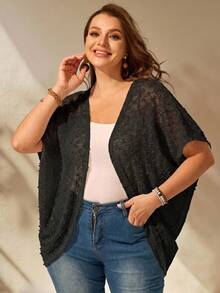 EMERY ROSE Chaqueta casual de talla grande para vacaciones, unicolor, dobladillo asimétrico, manga murciélago, primavera/verano - Negro - Ver 3