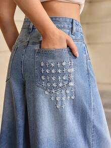 Selenza Women's Pocket Button Casual Versatile Daily Wear Wide Leg Denim Jeans Daily Light Blue Summer/Heavy-Duty Floral Embroidered Jeans - Blue - View 3