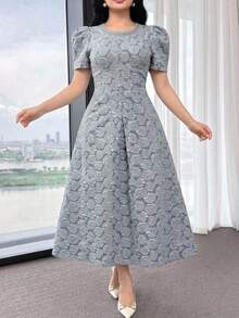 Feyla Plus Size Women's Jacquard Round Neck Short Petal Sleeve Elegant Dress Wedding Light Blue Summer - Blue - View 4