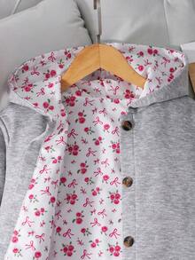 SHEIN Vintaside Kids 青少年女孩灰色連帽運動衫外套，秋季服飾，中長版花卉內裡單排扣大衣，韓系甜美風 - 灰色 - 查看 6