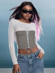 Denimoi Mesh Long Sleeve Top With Lace Up Corset Detail Sexy Tops Sheer Tops Concert Outfits GNO - Grey - View 9