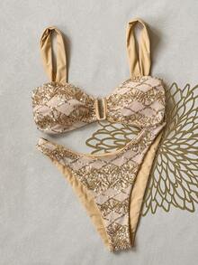 Bonvoyette Women's Summer Beach Sequin Pattern Bikini And Triangle Bottom Two-Piece Swimsuit Set - Apricot - View 6