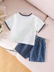 SHEIN Elladie kids 女童圓領針織T恤與牛仔裙套裝，對比色刺繡工藝，休閒可愛花卉刺繡短袖套裝，適合夏季日常穿著與度假 - 藍色 - 查看 2