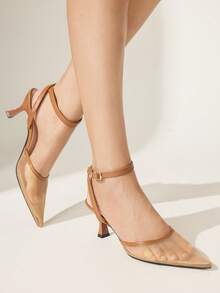 CUCCOO CHICEST Nude Mesh Pointed Kitten Heel Sandals, Buckle Commuter Dating Breathable Low Vamp High Heels - Brown - View 4