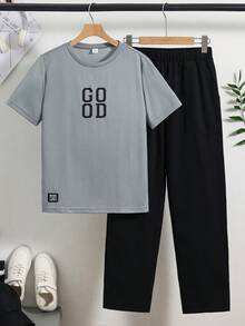SHEIN 青少年男孩 2件/套 休閒舒適百搭對比字母圖案印花短袖上衣與長褲套裝，適合春/夏，日常穿著、運動、外出、學校、派對、節慶、拍照 - 彩色 - 查看 5